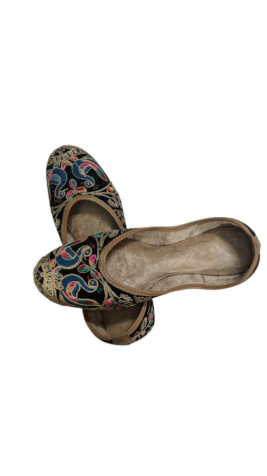 ZS Fashion Embroidered Ballet Flats, Black with Multicolour Peacock Pattern, Traditional Ethnic Style