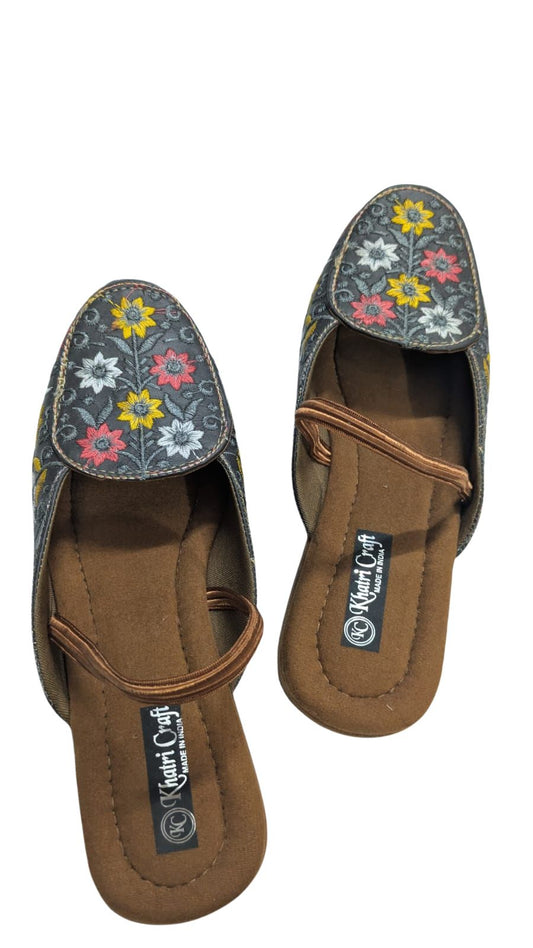 Women's Floral Print Slip-On Loafers – Brown with Multi-Colour Embroidered Design & Cushioned Insole, Comfortable Casual & Ethnic Footwear