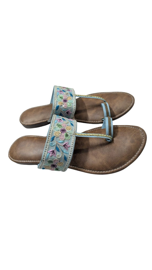 ZS Fashion Women's Floral Embroidered Toe Ring Sandals with Light Blue Strap – Multi-Colour Flower Design, Brown Footbed, Comfortable Ethnic Slip-On Flats
