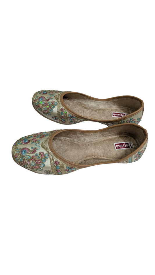 ZS Fashion Women's Embroidered Ballet Flats in Cream with Blue and Pink Sequin Work, Traditional Ethnic Design
