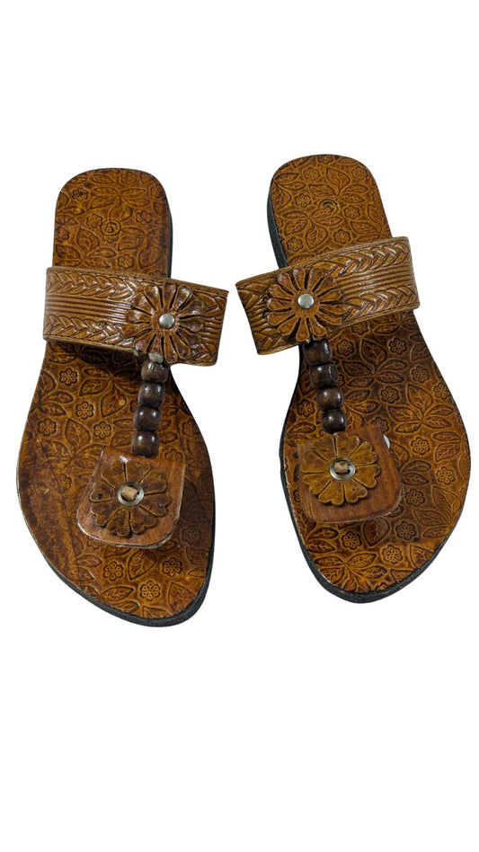 ZS Fashion Women's Handcrafted Leather Sandals – Brown with Floral Design, Beaded Strap & Embossed Footbed, Comfortable Ethnic & Casual Wear