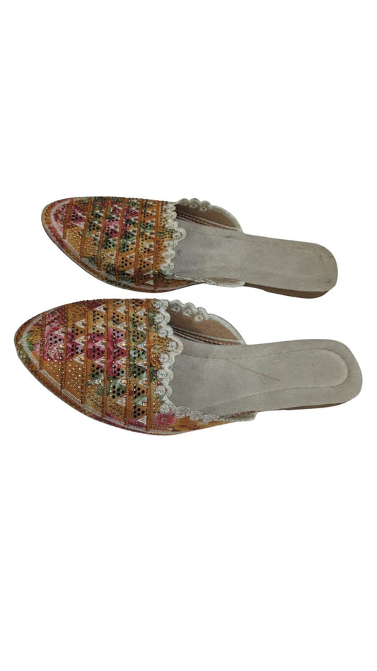 ZS Fashion Women's Floral Embroidered Mules – Pointed Toe Slip-On Flats with Lace Trim, Pink & Green Ethnic Footwear