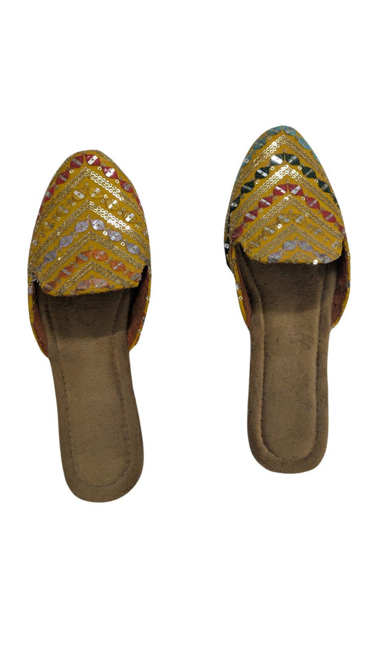 ZS Fashion Women's Traditional Embroidered Slip-On Sandals – Yellow Handcrafted Ethnic Footwear with Mirror Work & Sequin Detailing