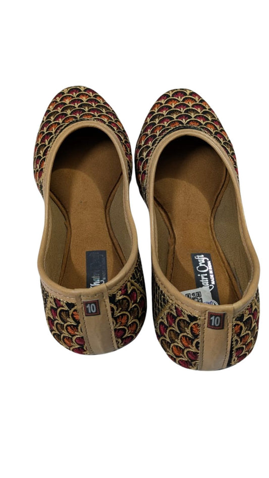 ZS Fashion Women’s Brown Ballet Flats – Scalloped Design with Multicolour Embroidery, Comfortable