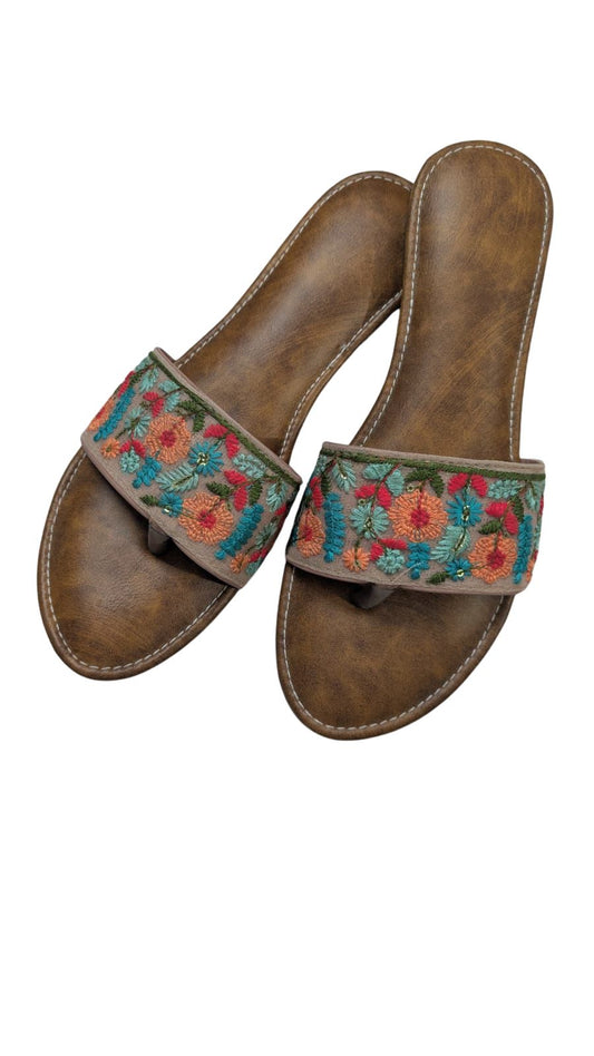 ZS Fashion Women's Floral Embroidered Slide Sandals – Brown Leather Footbed with Multicolour Floral Pattern, Comfortable Casual Flats