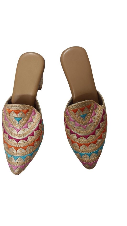 ZS Fashion Women’s Embroidered Pointed Toe Mules with Block Heel | Multicolour Geometric Pattern Slip-On Shoes, Gold Base