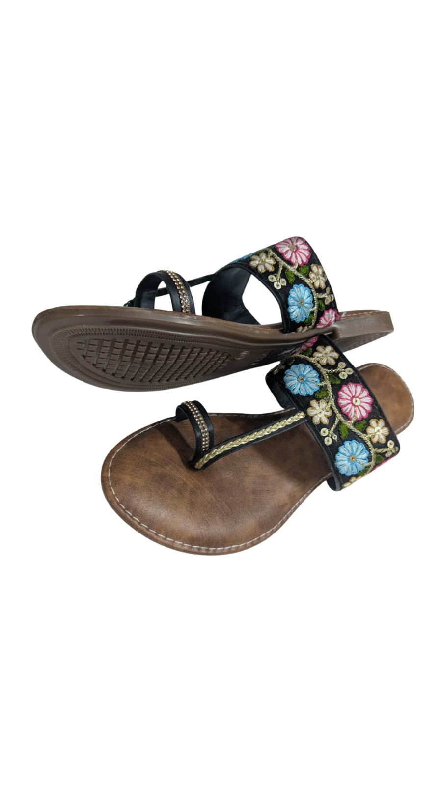 ZS Fashion Women's Floral Embroidered Toe Ring Sandals with Brown Leather Footbed – Blue & Pink Flower Design, Comfortable Ethnic Slip-On Flats