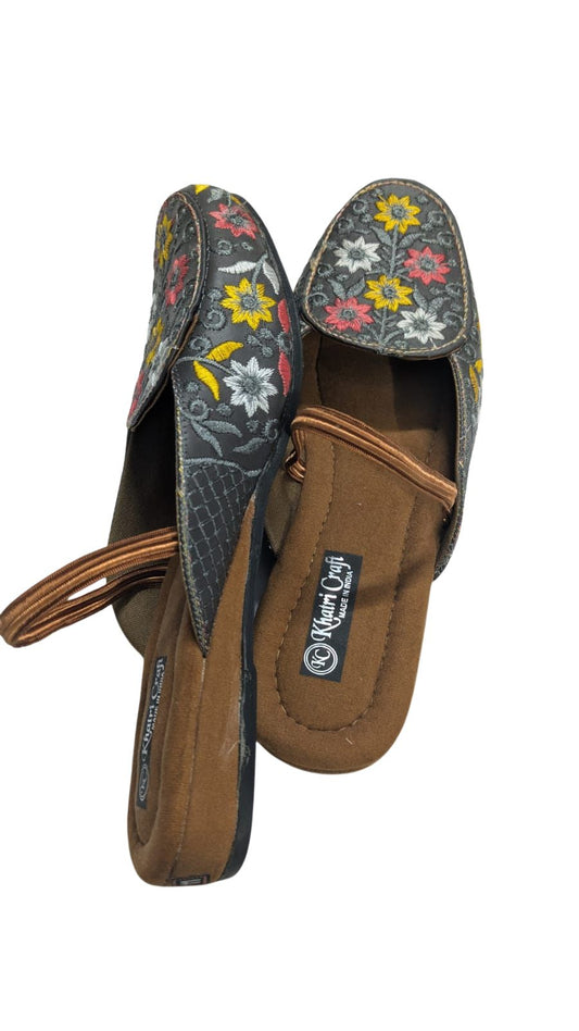 Women's Floral Print Slip-On Loafers – Brown with Multi-Colour Embroidered Design & Cushioned Insole, Comfortable Casual & Ethnic Footwear