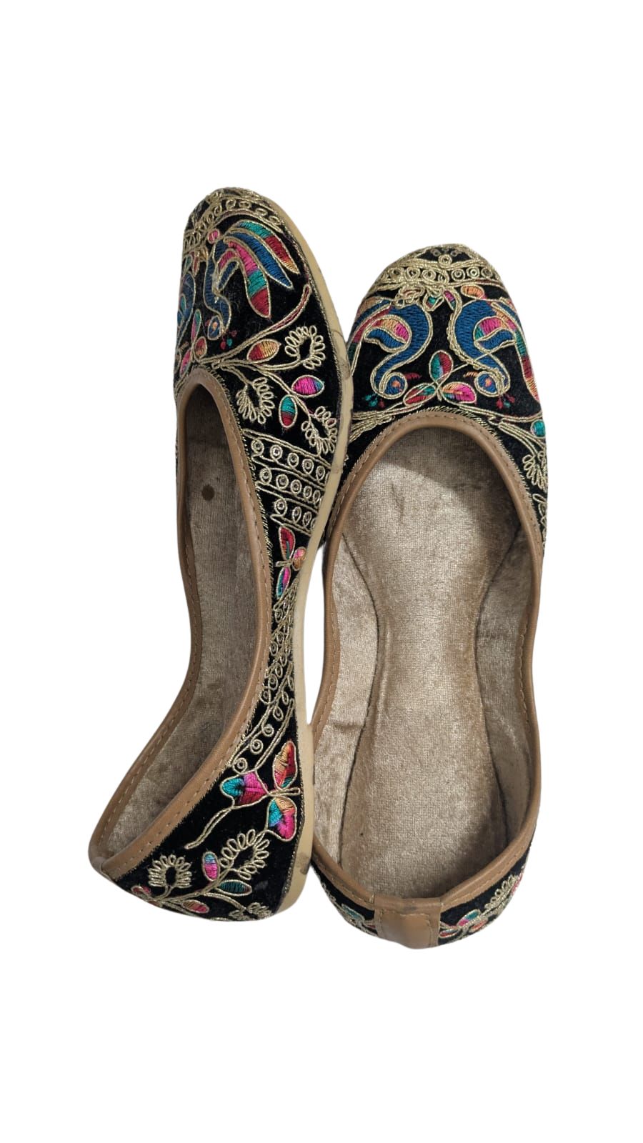 ZS Fashion Embroidered Ballet Flats, Black with Multicolour Peacock Pattern, Traditional Ethnic Style