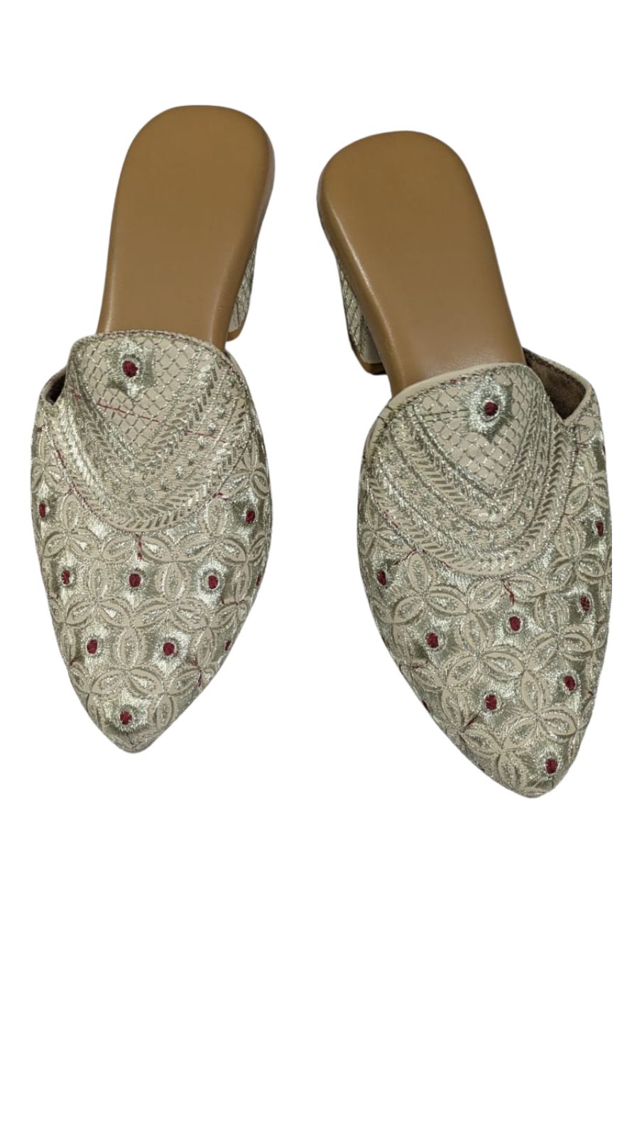 Handcrafted Women's Ethnic Embroidered Mules | Golden Slip-On Jutti with Red Thread Detailing | Traditional Festive