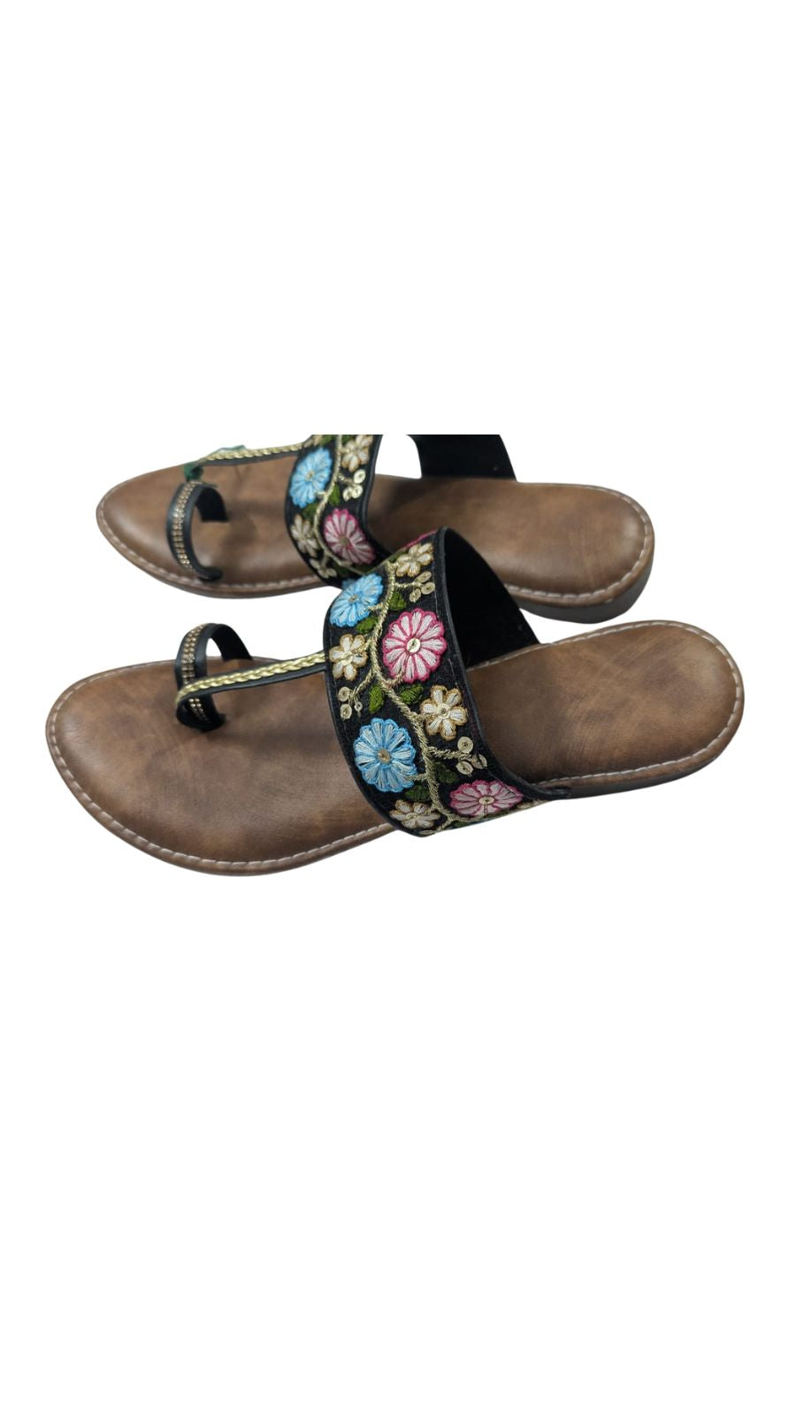ZS Fashion Women's Floral Embroidered Toe Ring Sandals with Brown Leather Footbed – Blue & Pink Flower Design, Comfortable Ethnic Slip-On Flats