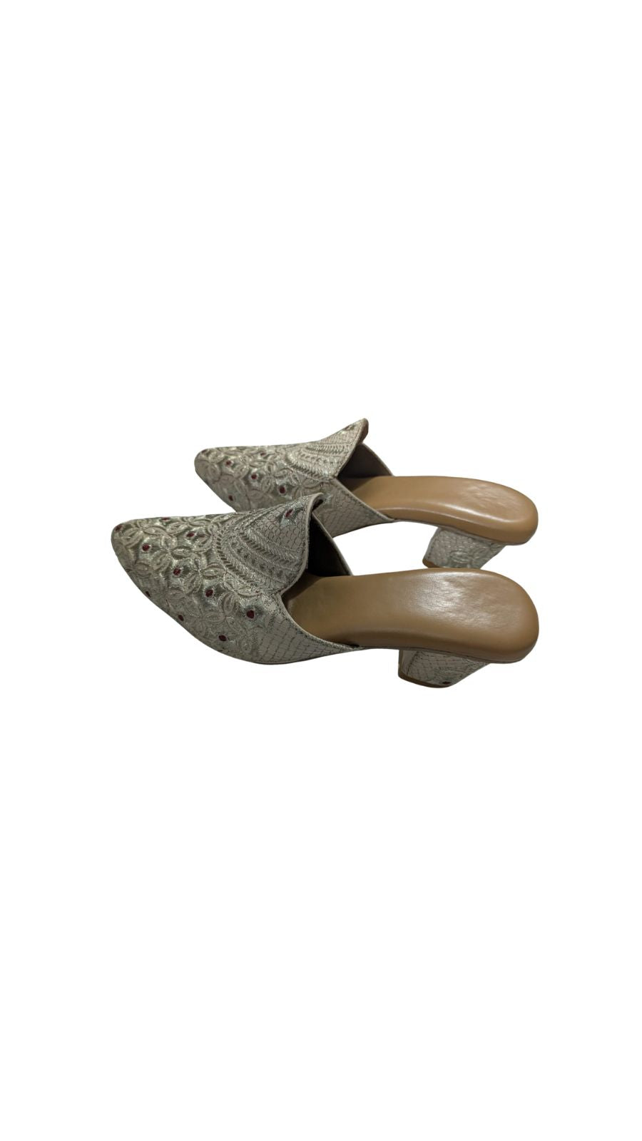 Handcrafted Women's Ethnic Embroidered Mules | Golden Slip-On Jutti with Red Thread Detailing | Traditional Festive