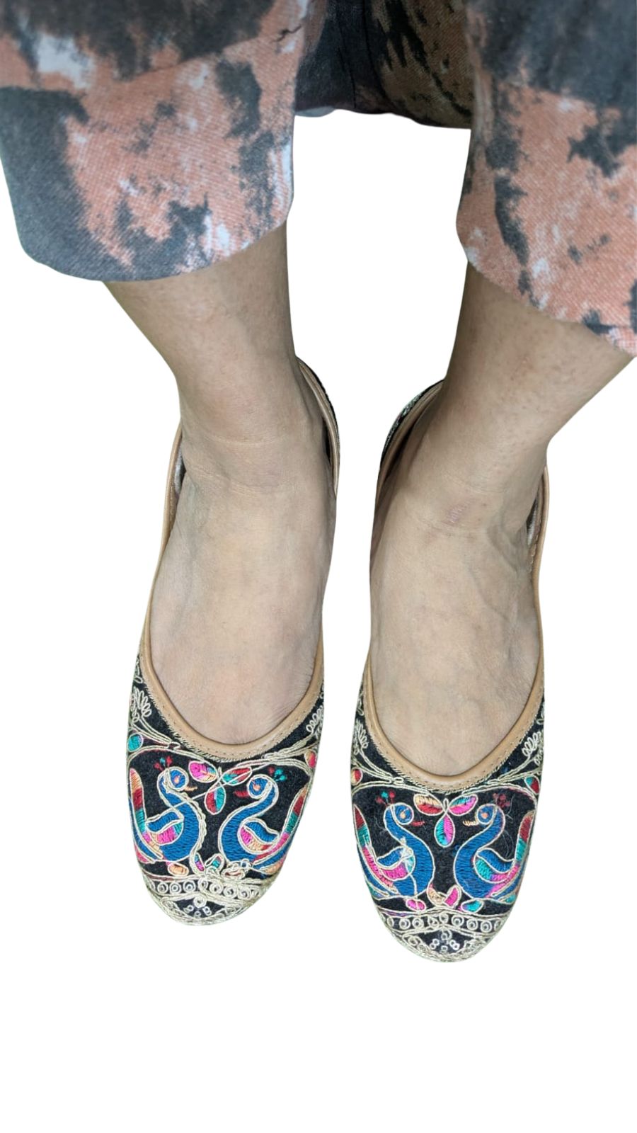 ZS Fashion Embroidered Ballet Flats, Black with Multicolour Peacock Pattern, Traditional Ethnic Style