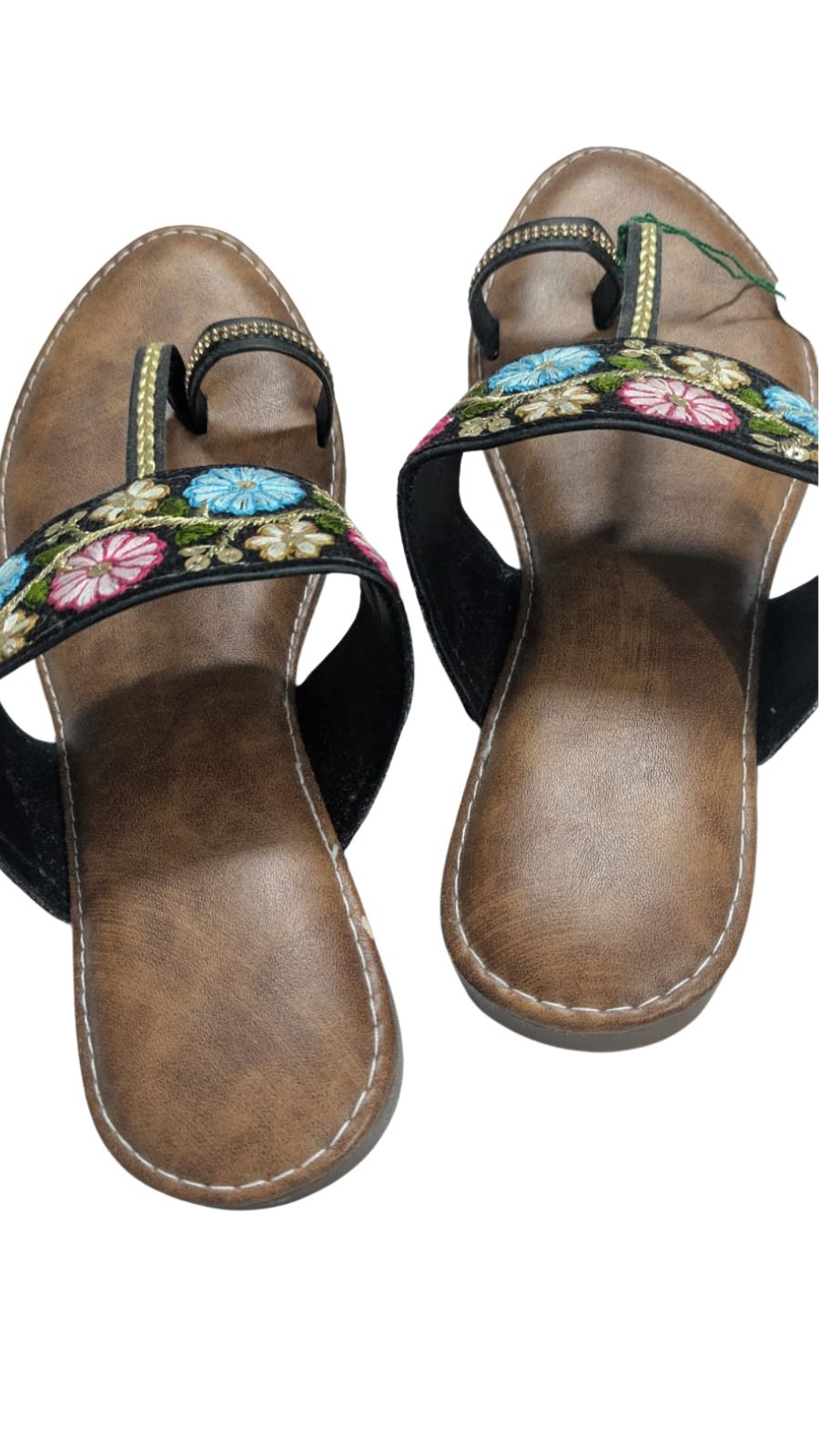 ZS Fashion Women's Floral Embroidered Toe Ring Sandals with Brown Leather Footbed – Blue & Pink Flower Design, Comfortable Ethnic Slip-On Flats