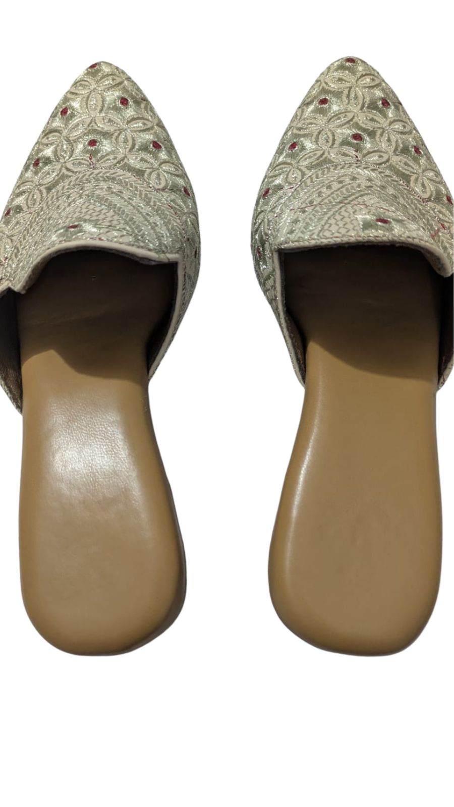 Handcrafted Women's Ethnic Embroidered Mules | Golden Slip-On Jutti with Red Thread Detailing | Traditional Festive
