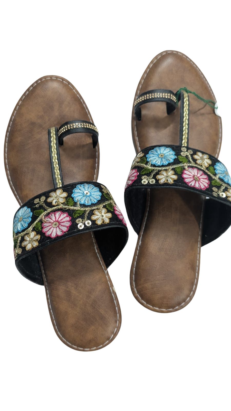 ZS Fashion Women's Floral Embroidered Toe Ring Sandals with Brown Leather Footbed – Blue & Pink Flower Design, Comfortable Ethnic Slip-On Flats