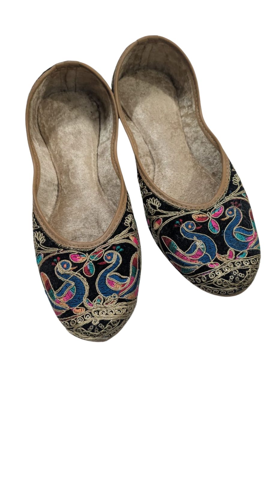 ZS Fashion Embroidered Ballet Flats, Black with Multicolour Peacock Pattern, Traditional Ethnic Style