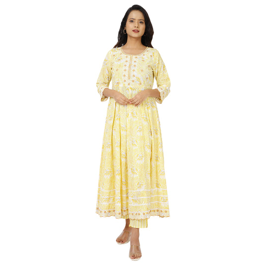 ZS Fashion Elegant Yellow Floral Anarkali Cotton Suit Set for Women with Printed Dupatta, 3/4 Sleeve Ethnic Kurta Palazzo Set