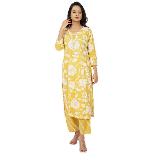 Women's yellow printed cotton kurta with dupatta