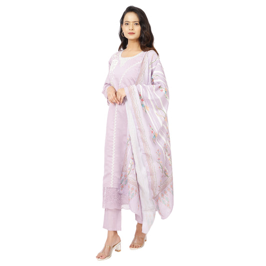 ZS Fashion Women's Lavender Cotton Kurta Set with floral embroidery
