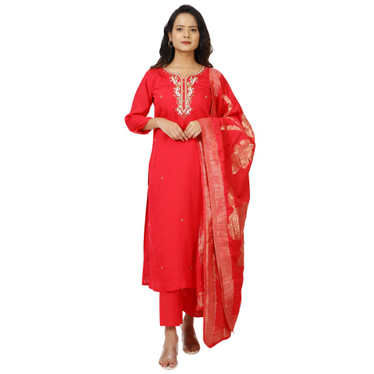 Women's Red Embroidered Straight Kurta Set with Zari Dupatta | 3-Piece Festive Suit Set with Mirror Work Neckline | Elegant Traditional Ethnic Wear for Women (IN, Alpha, 2XL, Regular, Standard, RED)