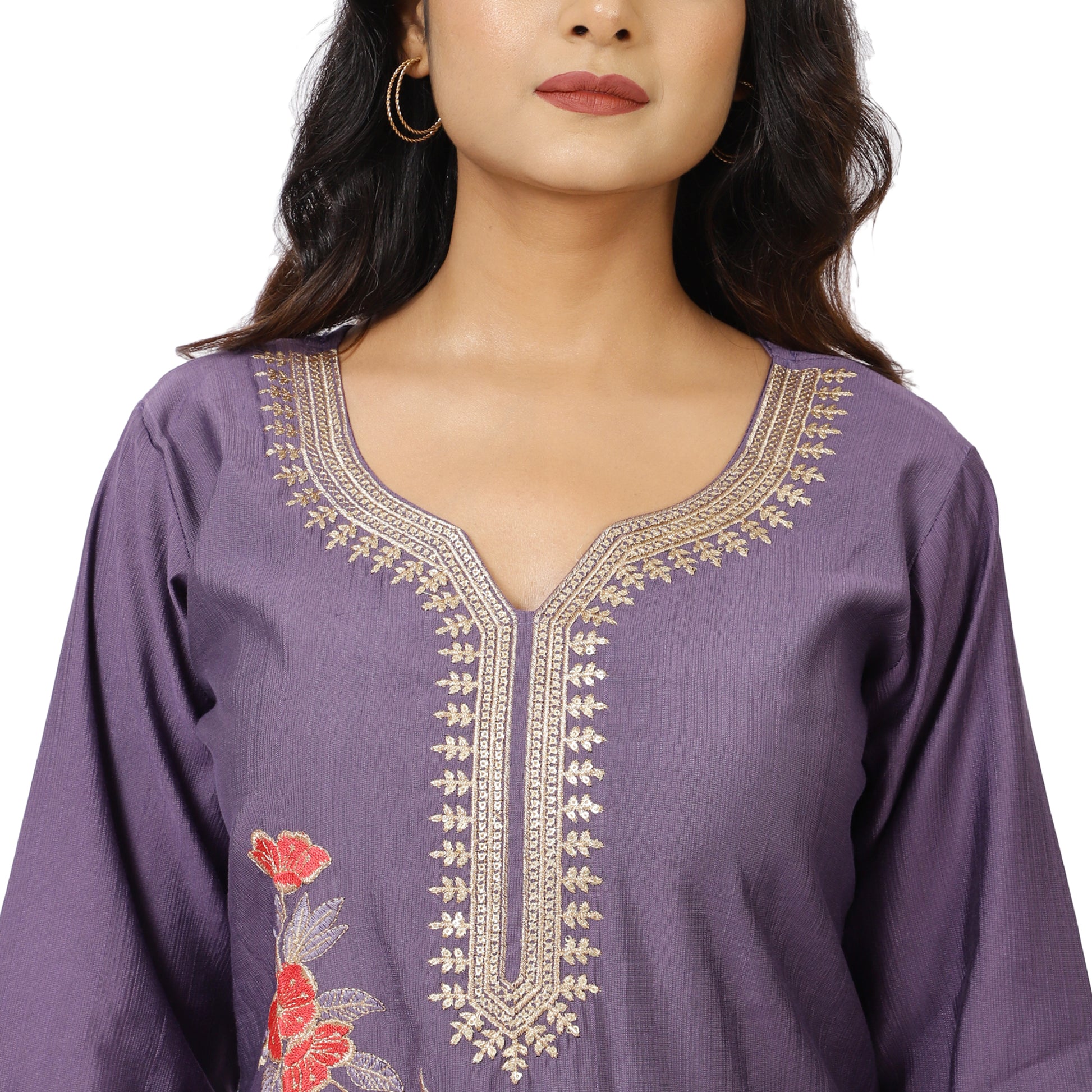 Women's purple embroidered kurta with organza dupatta