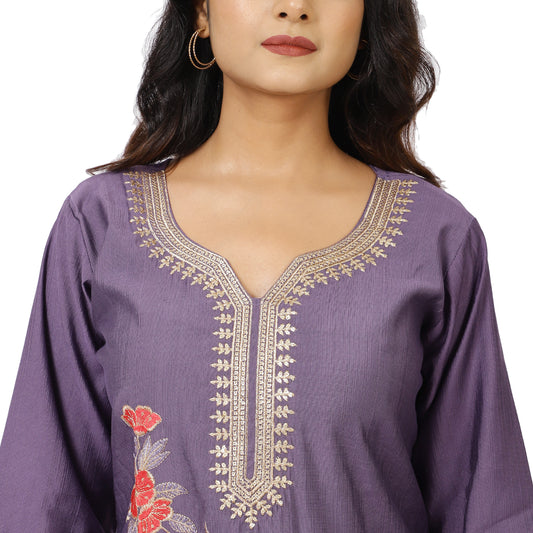 Women's purple embroidered kurta with organza dupatta