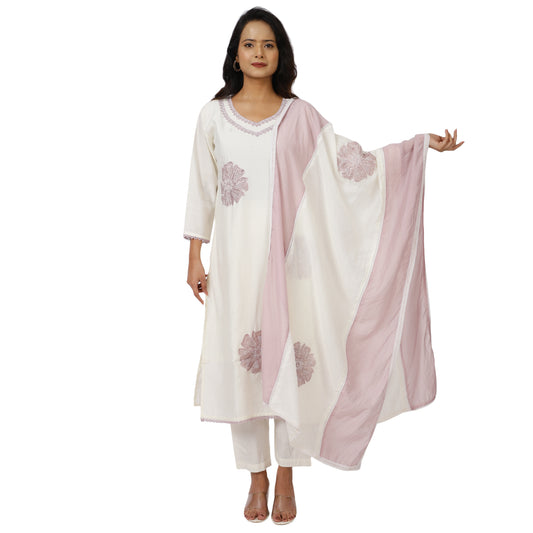 ZS Fashion Women's Off-White & Pink Cotton Kurta Set, Floral Embroidered 3-Piece Ethnic Suit with Dupatta, Traditional Indian Style