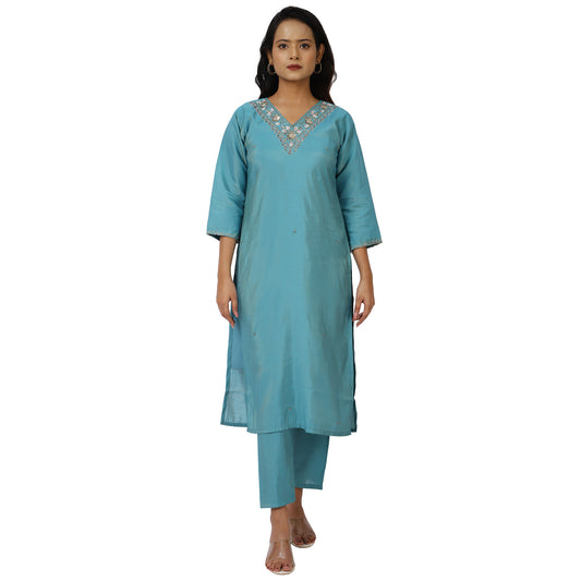 ZS Fashion Women's Turquoise Blue Kurta Set, Mirror Work Embroidered Cotton 3-Piece Suit with Floral Organza Dupatta