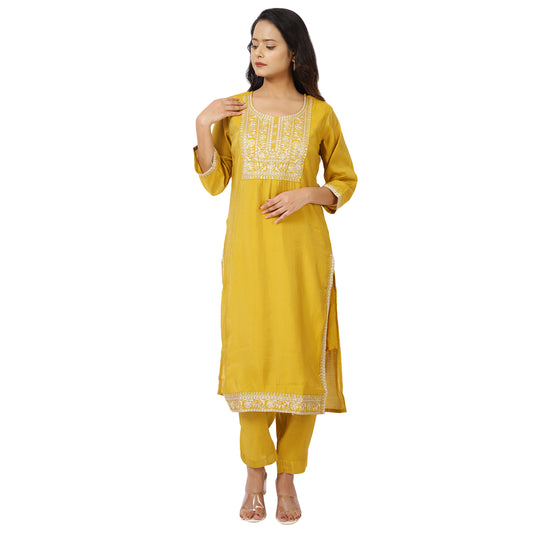 Women's yellow cotton salwar suit with dupa