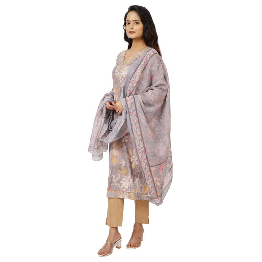 ZS Fashion Women's Grey Floral Print Salwar Suit Set with Embellished Neckline | Beige Pants and Dupatta | Elegant Ethnic Wear for Women