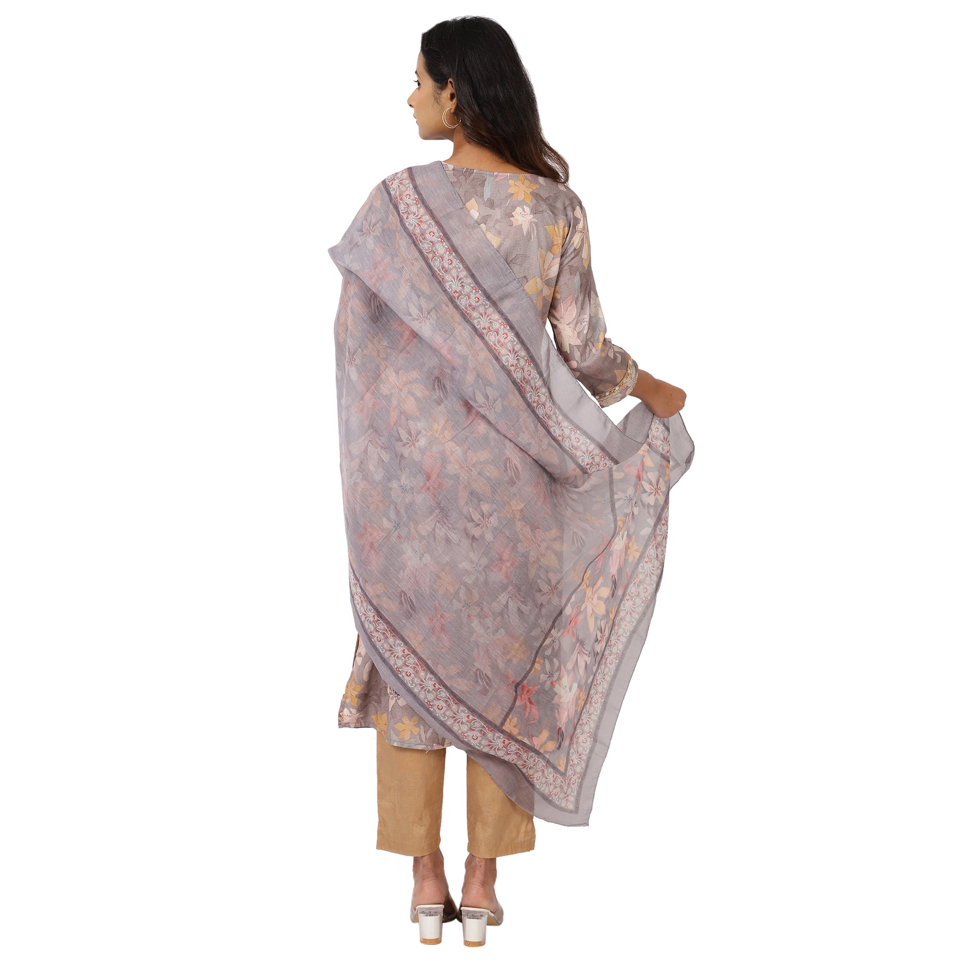 Back view of grey floral ethnic salwar suit set for women