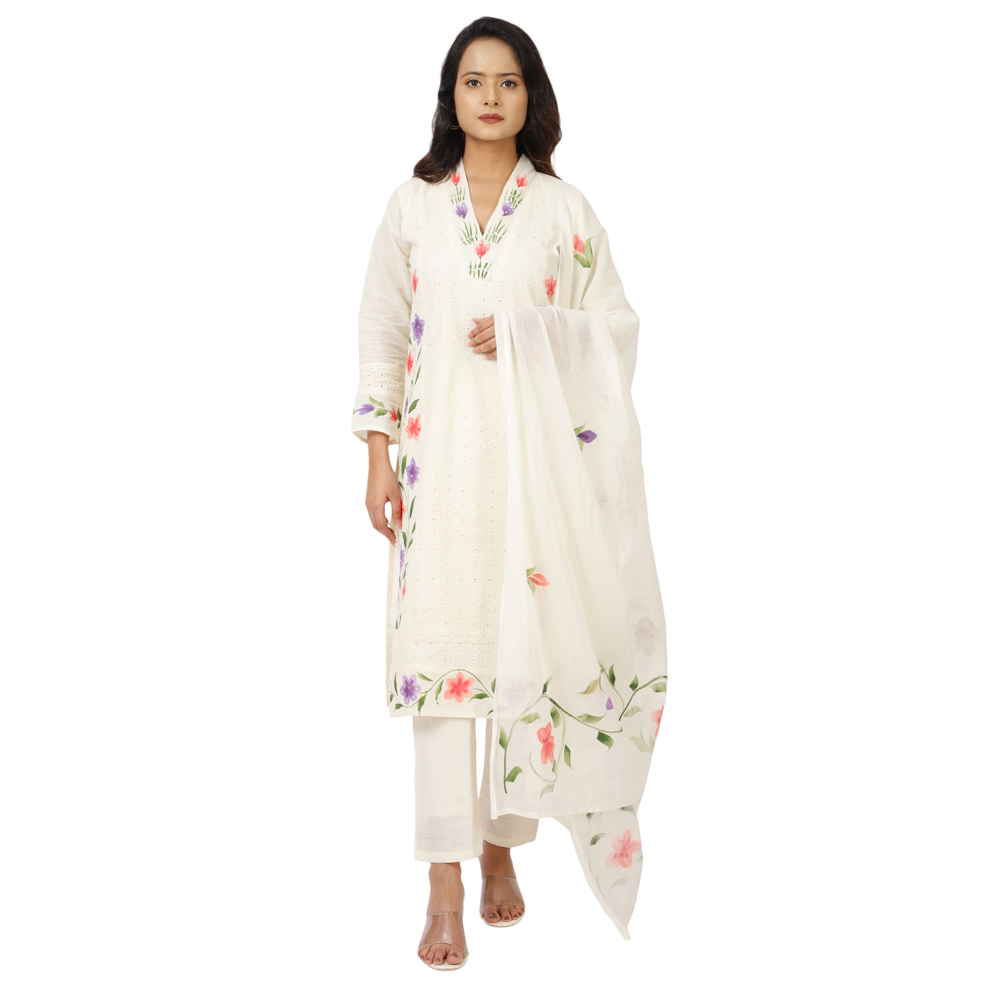 Traditional ethnic wear white cotton kurta set front vie