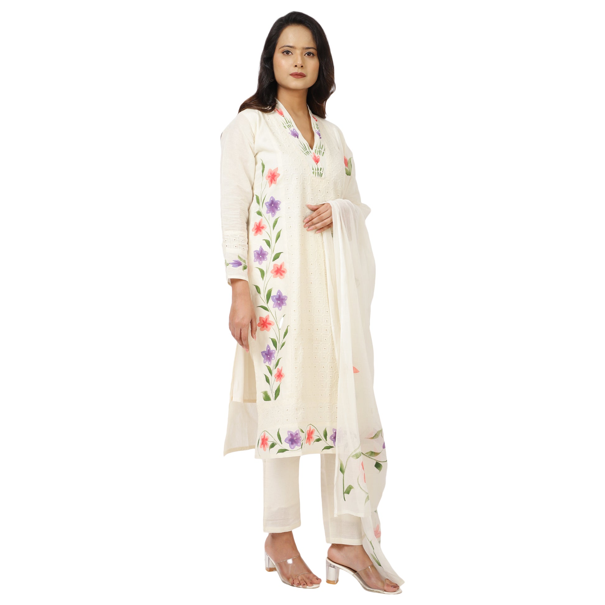 White cotton suit set with kurta, pants & dupatta