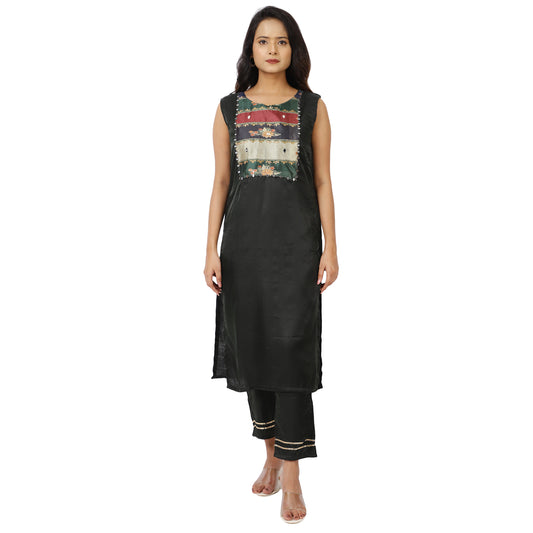 ZS Fashion Women's Black Kurti and Pant Set with Multi-Coloured Floral Striped Dupatta & Zari Border, Traditional Ethnic Wear (IN, Alpha, XL, Standard, Black)