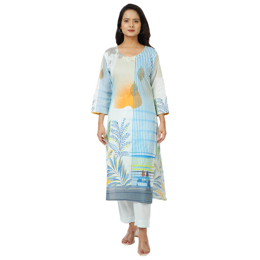 ZS Fashion Women's Light Blue Cotton Kurta Set with Floral Print and Striped Leaf Pattern Dupatta, Traditional Ethnic Wear
