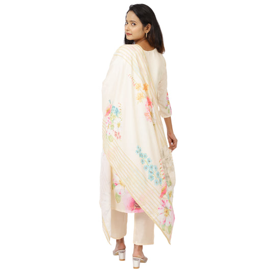 ZS Fashion Women's Cream Floral Print Kurta Set with Dupatta – Embroidered V-Neck & 3/4 Sleeves – Ethnic Wear