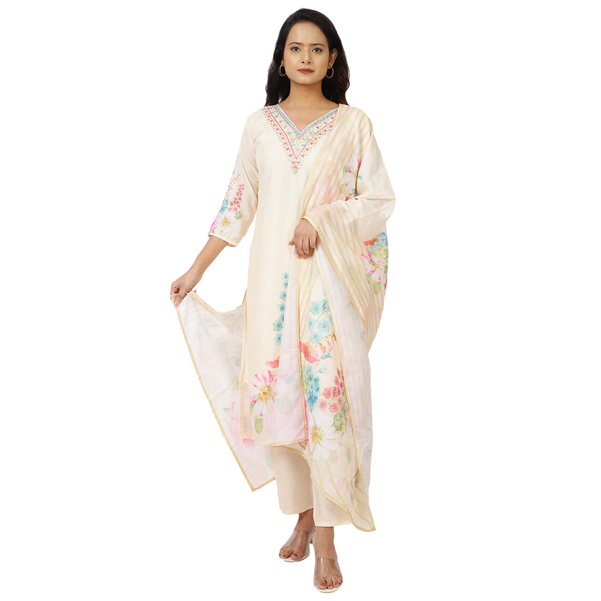 ZS Fashion cream floral print kurta set front view