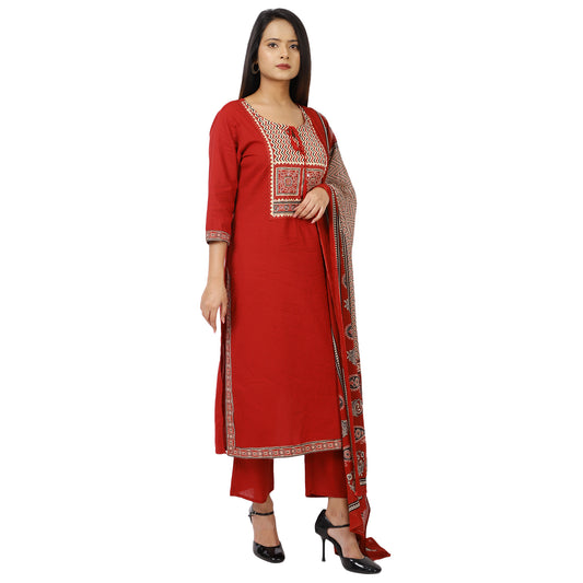 ZS Fashion Traditional Red Cotton Kurta Palazzo Set for Women – Embroidered Kurta with Dupatta – 3/4 Sleeves