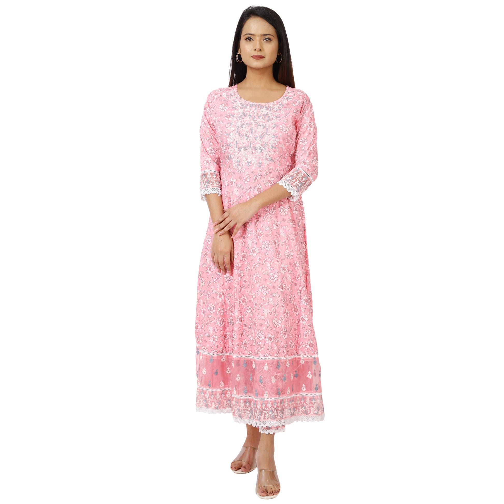 Front view of ZS Fashion women’s pink embroidered Anarkali kurta set with dupatta