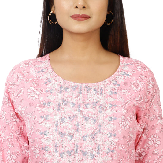 Close-up of embroidery and lace work on ZS Fashion pink Anarkali kurta
