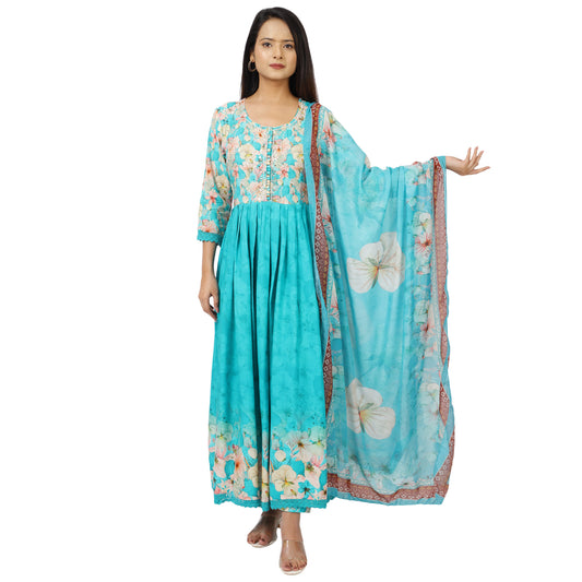 ZS Fashion Floral Print Anarkali Dress with Dupatta, Turquoise Blue, 3/4 Sleeve, Ankle Length