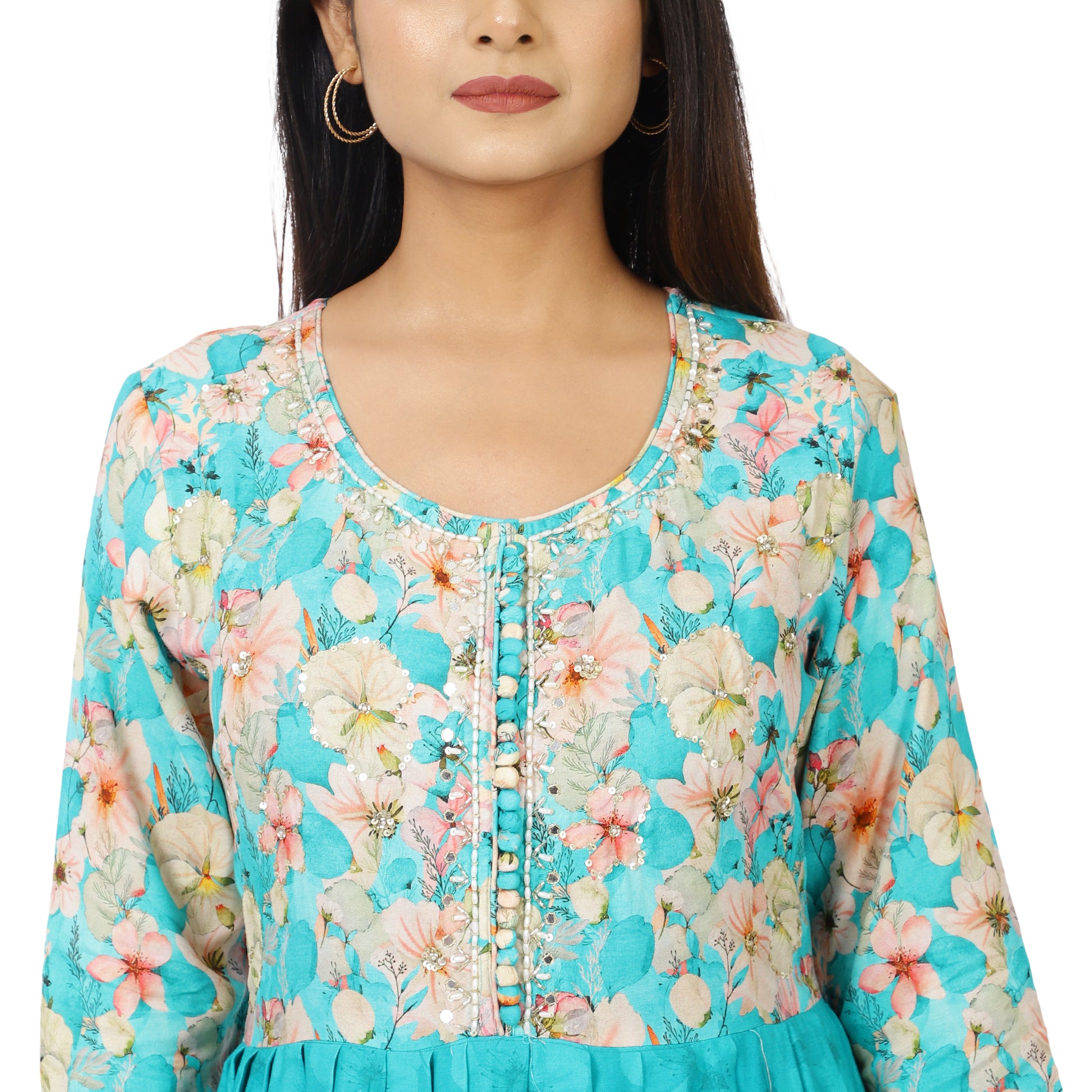 3/4 sleeve turquoise Anarkali dress with dupatta