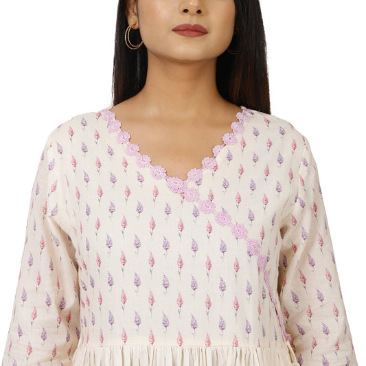 Women's Off-White Floral Printed Kurta with Dupatta