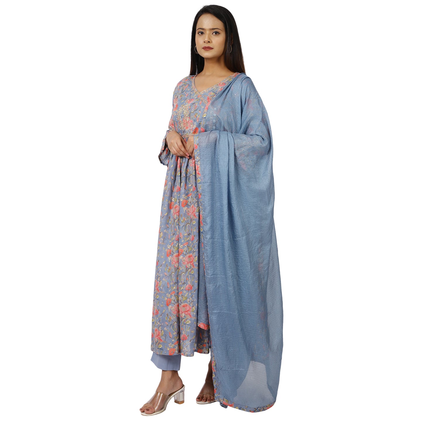 Women's Lilac Floral Printed Kurta with Dupatta