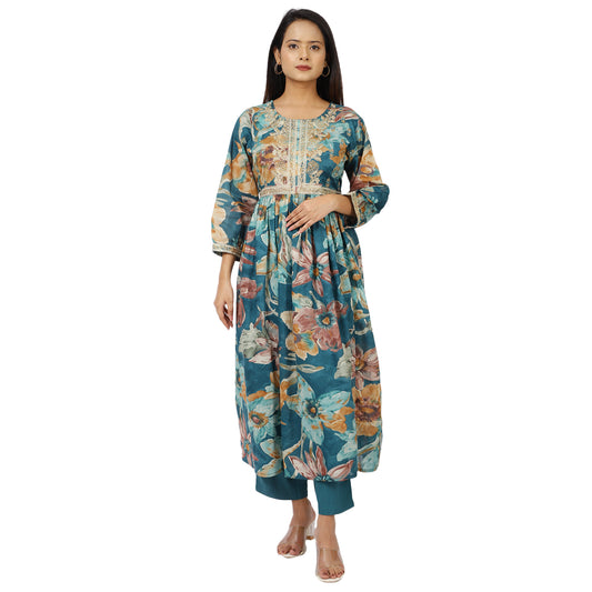 ZS Fashion Teal Blue Anarkali Kurta Set Front View