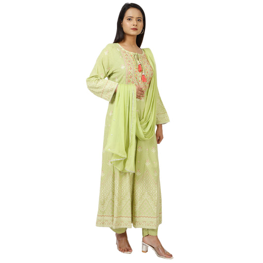 Women's Mint Green Anarkali Suit Set with Dupatta – Embroidered Long Sleeve Traditional Ethnic Dress for Festive