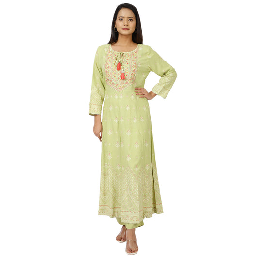 Women's Mint Green Anarkali Suit Set with Dupatta – Embroidered Long Sleeve Traditional Ethnic Dress for Festive