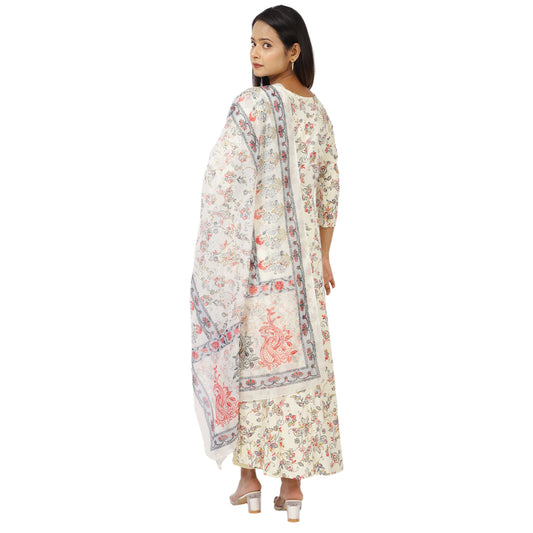 Floral Print Anarkali Dress with Dupatta, 3/4 Sleeve, Off-White Cotton Blend, Ankle Length