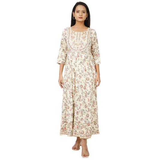 Floral Print Anarkali Dress with Dupatta, 3/4 Sleeve, Off-White Cotton Blend, Ankle Length